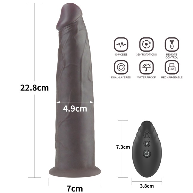 Чёрный вибратор-ротатор с пультом ДУ «9'' Dual Layered Silicone Rotator Black» от «Lovetoy»