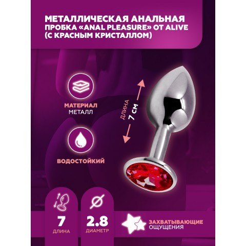 Маленькая металлическая анальная пробка с красным кристаллом «Anal Pleasure» от «Alive» (S: 7х2,8 см)