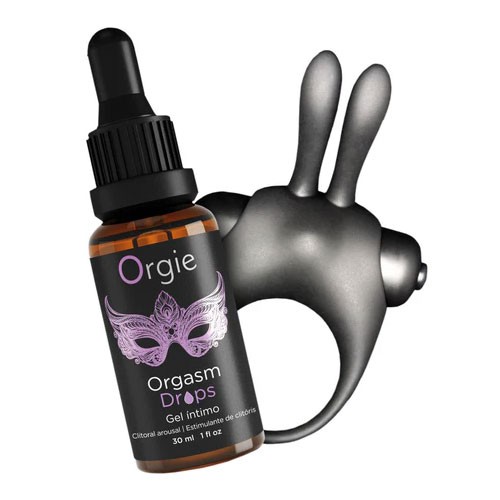 Набор: Возбуждающие капли на клитор + Эрекционное виброкольцо «ORGASMIC BUNNY» от «Orgie»